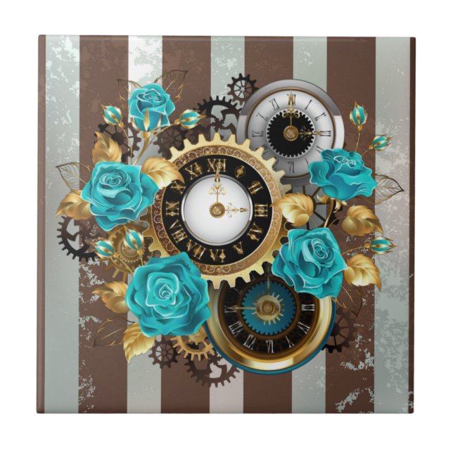 Steampunk Clock and Turquoise Roses on Striped Ceramic Tile (Front)