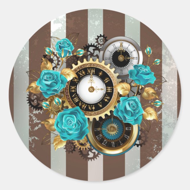 Steampunk Clock and Turquoise Roses on Striped Classic Round Sticker (Front)