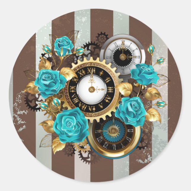 Steampunk Clock and Turquoise Roses on Striped Classic Round Sticker (Front)