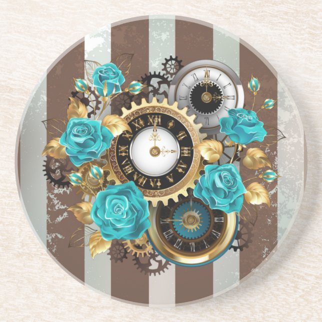 Steampunk Clock and Turquoise Roses on Striped Coaster (Front)