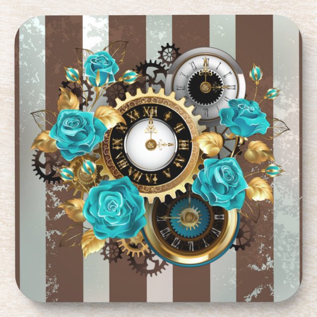 Steampunk Clock and Turquoise Roses on Striped Coaster (Front)