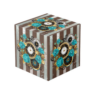 Steampunk Clock and Turquoise Roses on Striped Cube