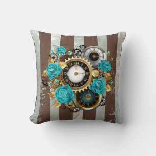 Steampunk Clock and Turquoise Roses on Striped Cushion