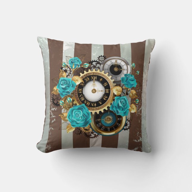 Steampunk Clock and Turquoise Roses on Striped Cushion (Front)