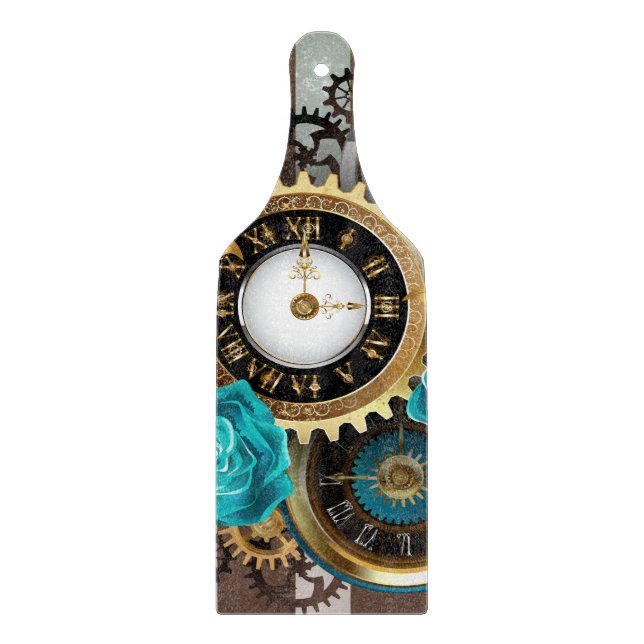 Steampunk Clock and Turquoise Roses on Striped Cutting Board (Front)