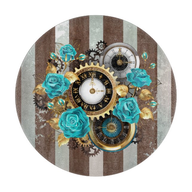 Steampunk Clock and Turquoise Roses on Striped Cutting Board (Front)