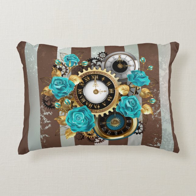Steampunk Clock and Turquoise Roses on Striped Decorative Cushion (Front)