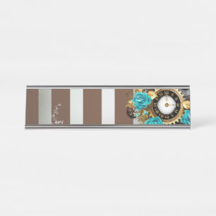 Steampunk Clock and Turquoise Roses on Striped Desk Name Plate