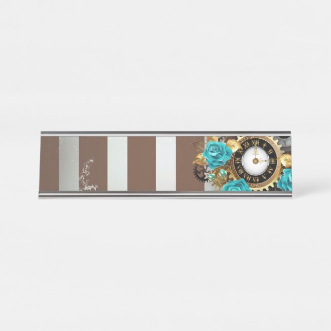 Steampunk Clock and Turquoise Roses on Striped Desk Name Plate (Front)