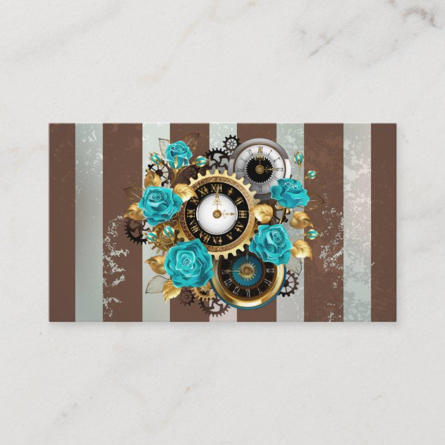 Steampunk Clock and Turquoise Roses on Striped Discount Card (Front)
