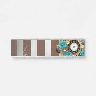 Steampunk Clock and Turquoise Roses on Striped Door Sign