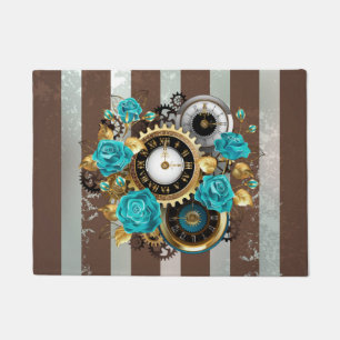 Steampunk Clock and Turquoise Roses on Striped Doormat