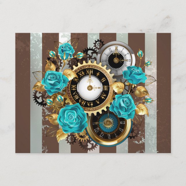 Steampunk Clock and Turquoise Roses on Striped Enclosure Card (Front)