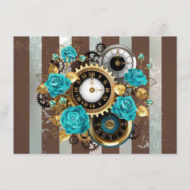 Steampunk Clock and Turquoise Roses on Striped Enclosure Card (Front)