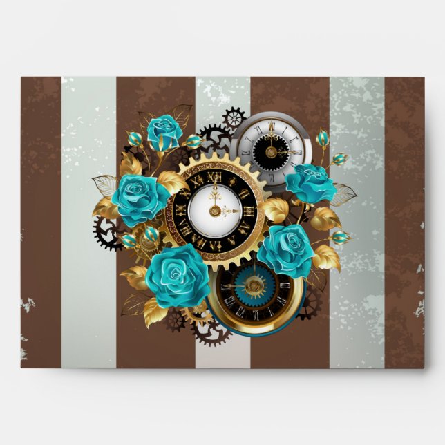 Steampunk Clock and Turquoise Roses on Striped Envelope (Front)