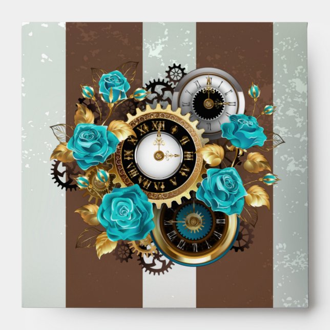 Steampunk Clock and Turquoise Roses on Striped Envelope (Front)
