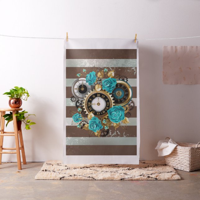 Steampunk Clock and Turquoise Roses on Striped Fabric (In Situ)