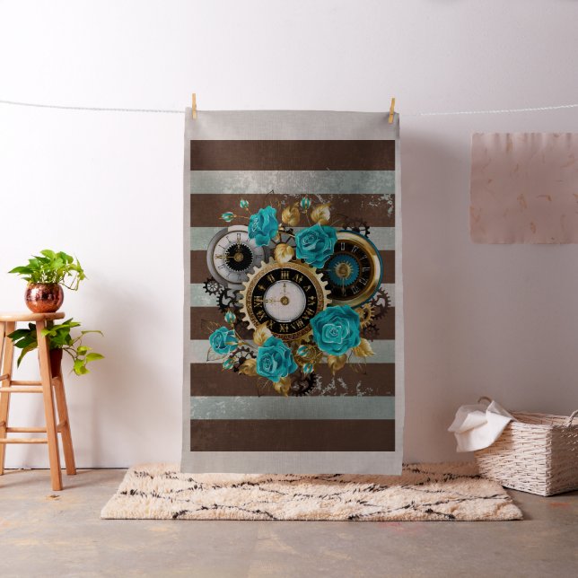 Steampunk Clock and Turquoise Roses on Striped Fabric (In Situ)