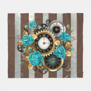 Steampunk Clock and Turquoise Roses on Striped Fleece Blanket