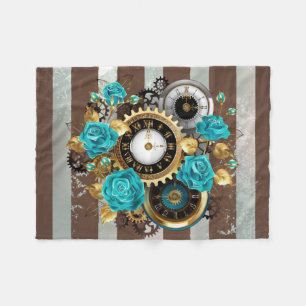 Steampunk Clock and Turquoise Roses on Striped Fleece Blanket