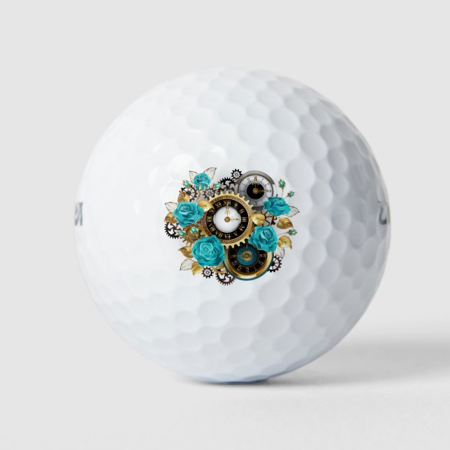 Steampunk Clock and Turquoise Roses on Striped Golf Balls (Front)