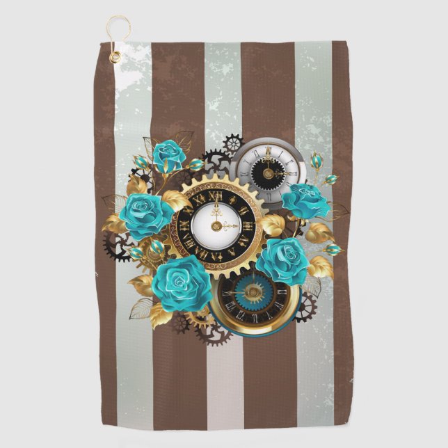Steampunk Clock and Turquoise Roses on Striped Golf Towel (Front)