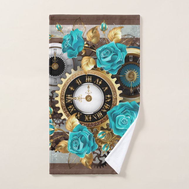 Steampunk Clock and Turquoise Roses on Striped Hand Towel (Hand Towel)