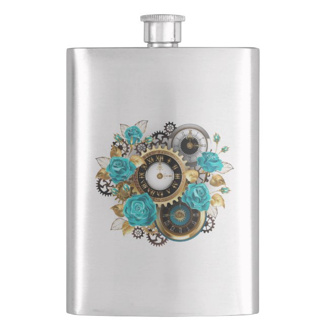 Steampunk Clock and Turquoise Roses on Striped Hip Flask (Front)