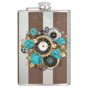 Steampunk Clock and Turquoise Roses on Striped Hip Flask