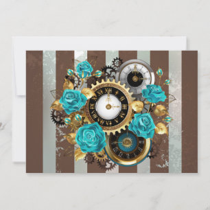 Steampunk Clock and Turquoise Roses on Striped Holiday Card