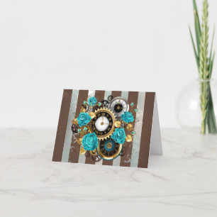 Steampunk Clock and Turquoise Roses on Striped Holiday Card