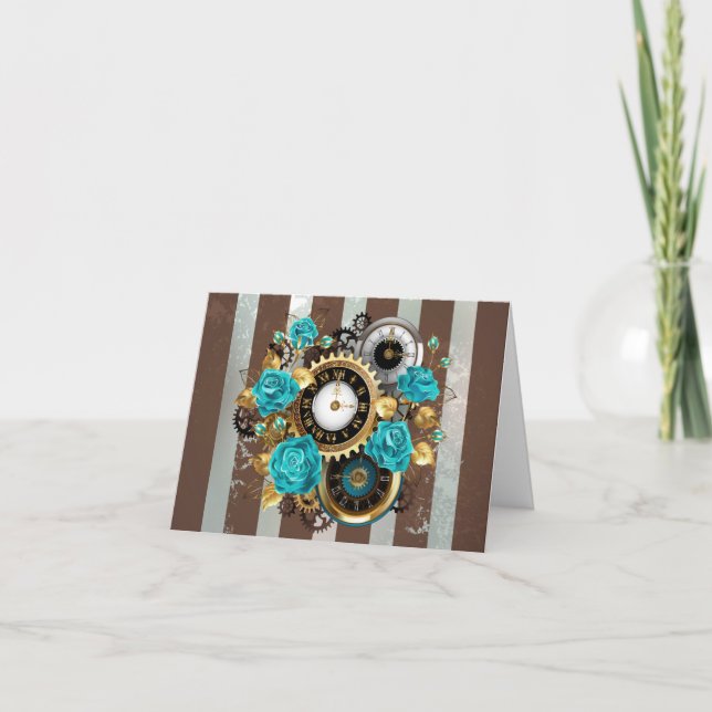 Steampunk Clock and Turquoise Roses on Striped Holiday Card (Front)