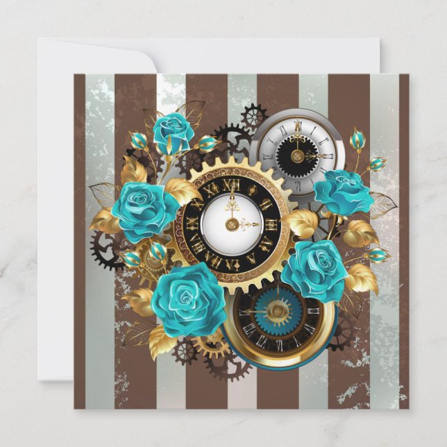 Steampunk Clock and Turquoise Roses on Striped Holiday Card (Front)