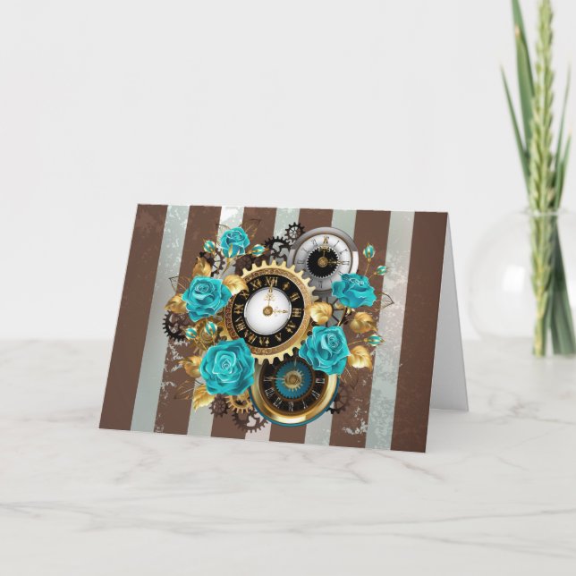Steampunk Clock and Turquoise Roses on Striped Invitation (Front)