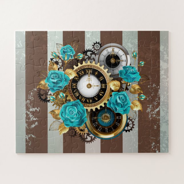 Steampunk Clock and Turquoise Roses on Striped Jigsaw Puzzle (Horizontal)