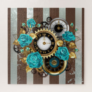 Steampunk Clock and Turquoise Roses on Striped Jigsaw Puzzle