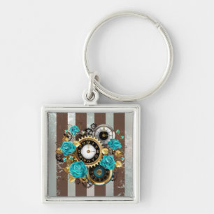 Steampunk Clock and Turquoise Roses on Striped Key Ring