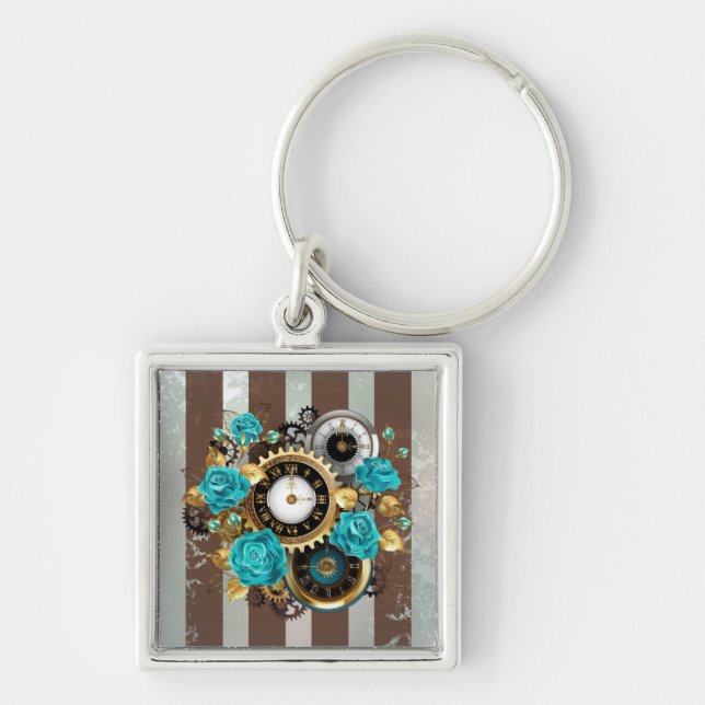 Steampunk Clock and Turquoise Roses on Striped Key Ring (Front)