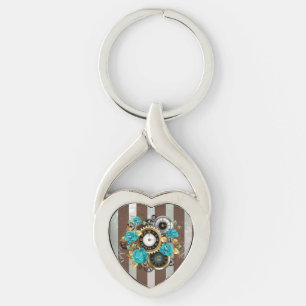 Steampunk Clock and Turquoise Roses on Striped Key Ring