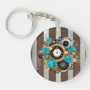 Steampunk Clock and Turquoise Roses on Striped Key Ring