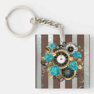 Steampunk Clock and Turquoise Roses on Striped Key Ring