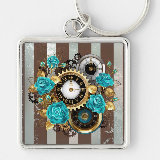 Steampunk Clock and Turquoise Roses on Striped Key Ring (Front)