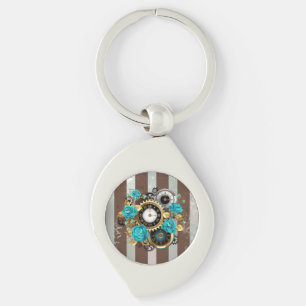 Steampunk Clock and Turquoise Roses on Striped Key Ring