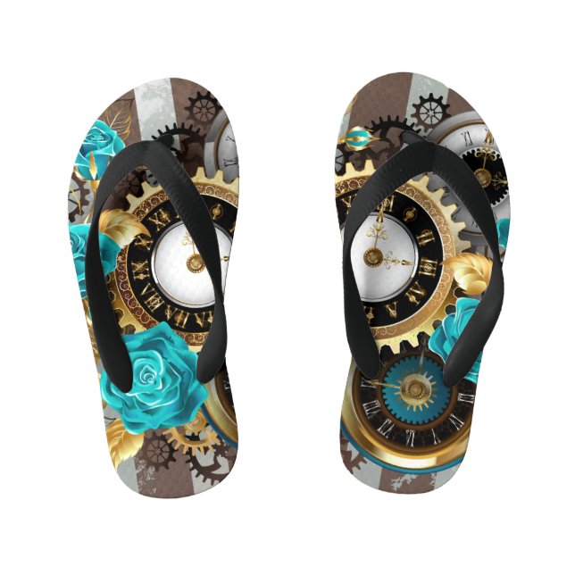 Steampunk Clock and Turquoise Roses on Striped Kid's Thongs (Footbed)