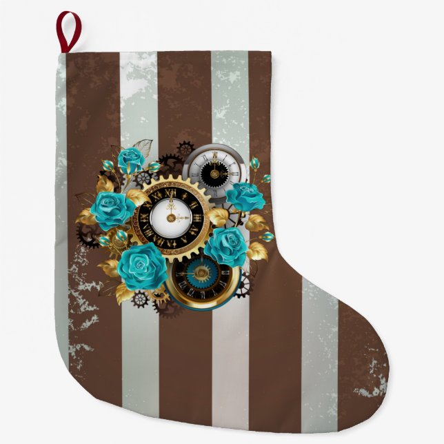 Steampunk Clock and Turquoise Roses on Striped Large Christmas Stocking (Front)