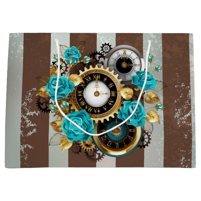 Steampunk Clock and Turquoise Roses on Striped Large Gift Bag (Front)
