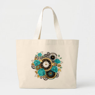 Steampunk Clock and Turquoise Roses on Striped Large Tote Bag