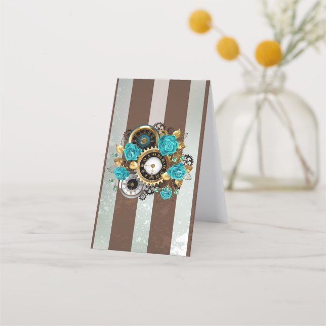 Steampunk Clock and Turquoise Roses on Striped Loyalty Card (Back)