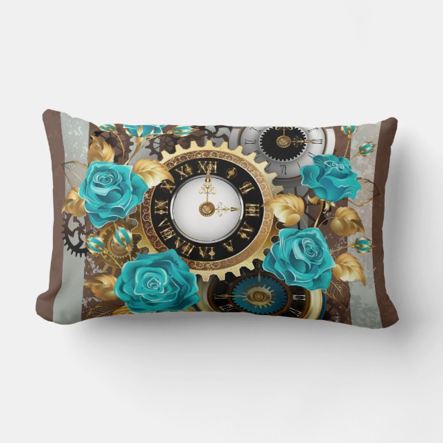 Steampunk Clock and Turquoise Roses on Striped Lumbar Cushion (Front)