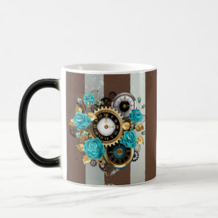 Steampunk Clock and Turquoise Roses on Striped Magic Mug